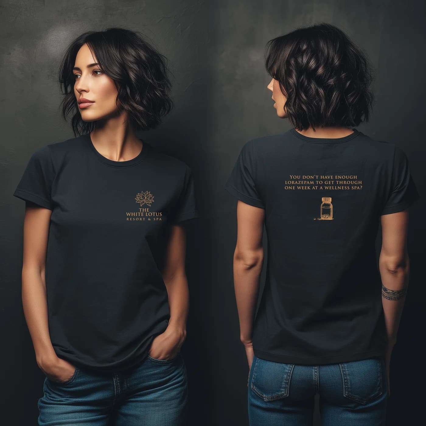 Black tee front and back: copper lotus chest logo on the front, a copper quote and pill bottle illustration on the back.