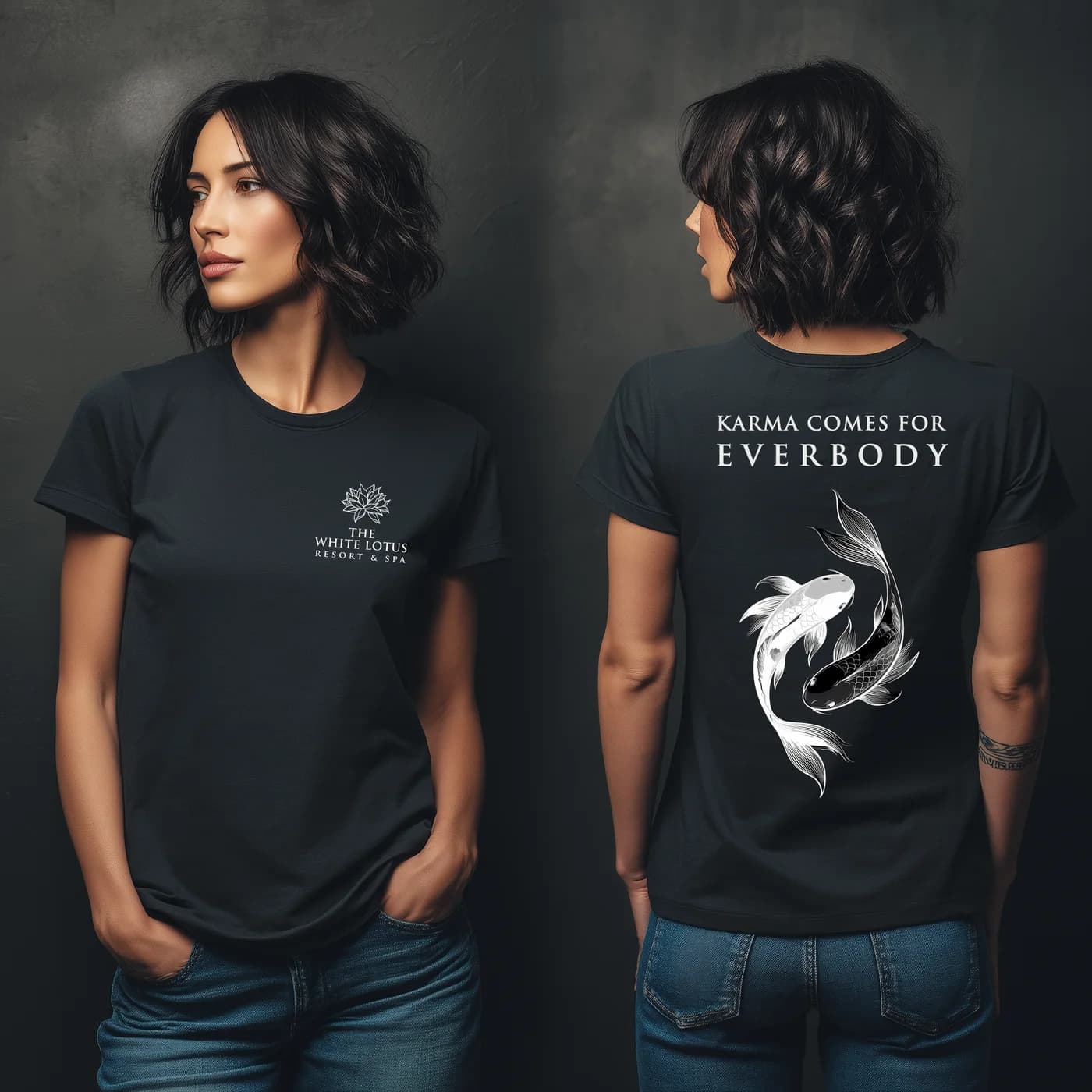 Black tee with a white lotus chest logo and a koi back print.