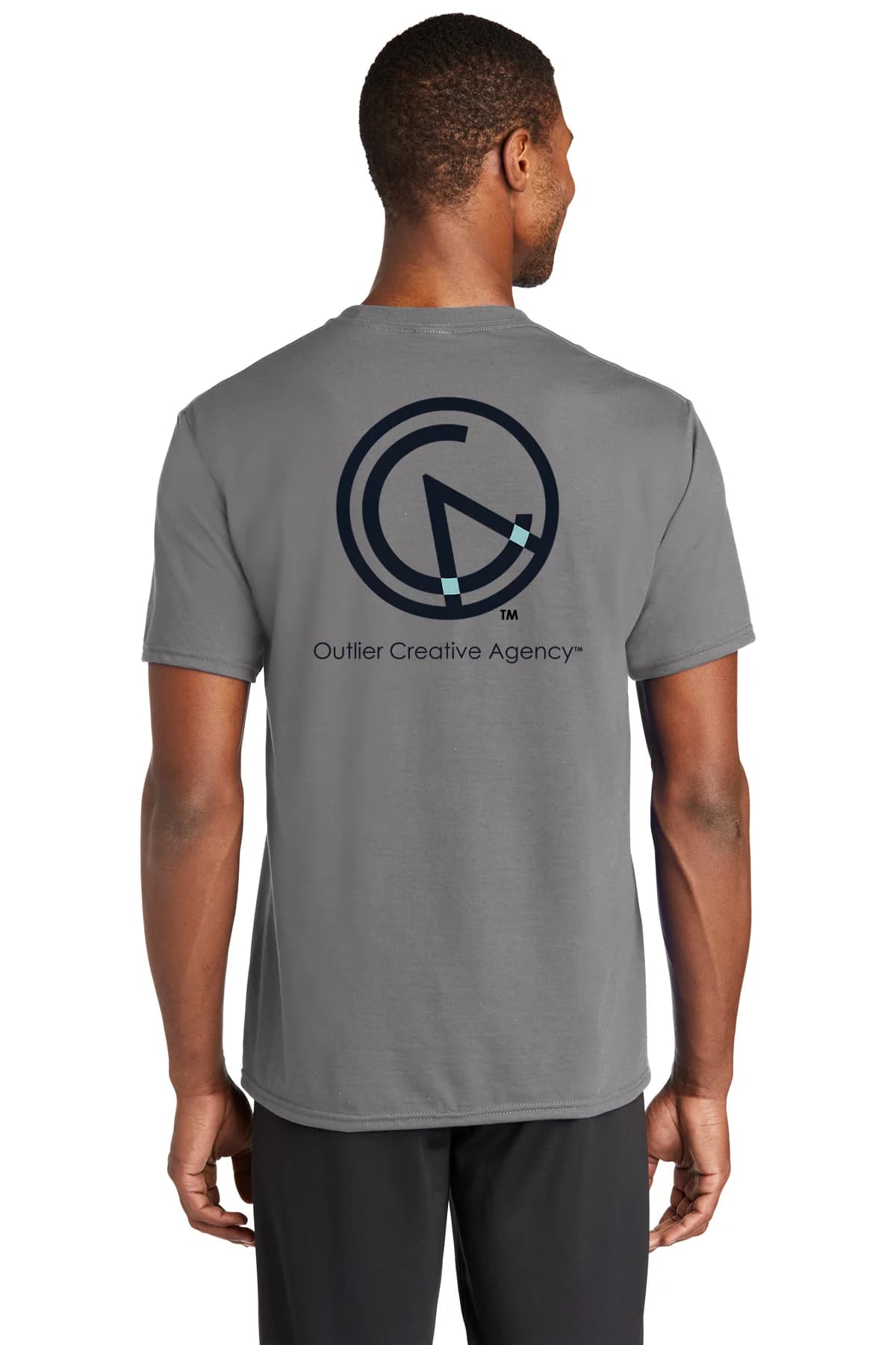 Back mockup of a grey men’s tee with a large Outlier logo and Creative Agency wordmark on the back.