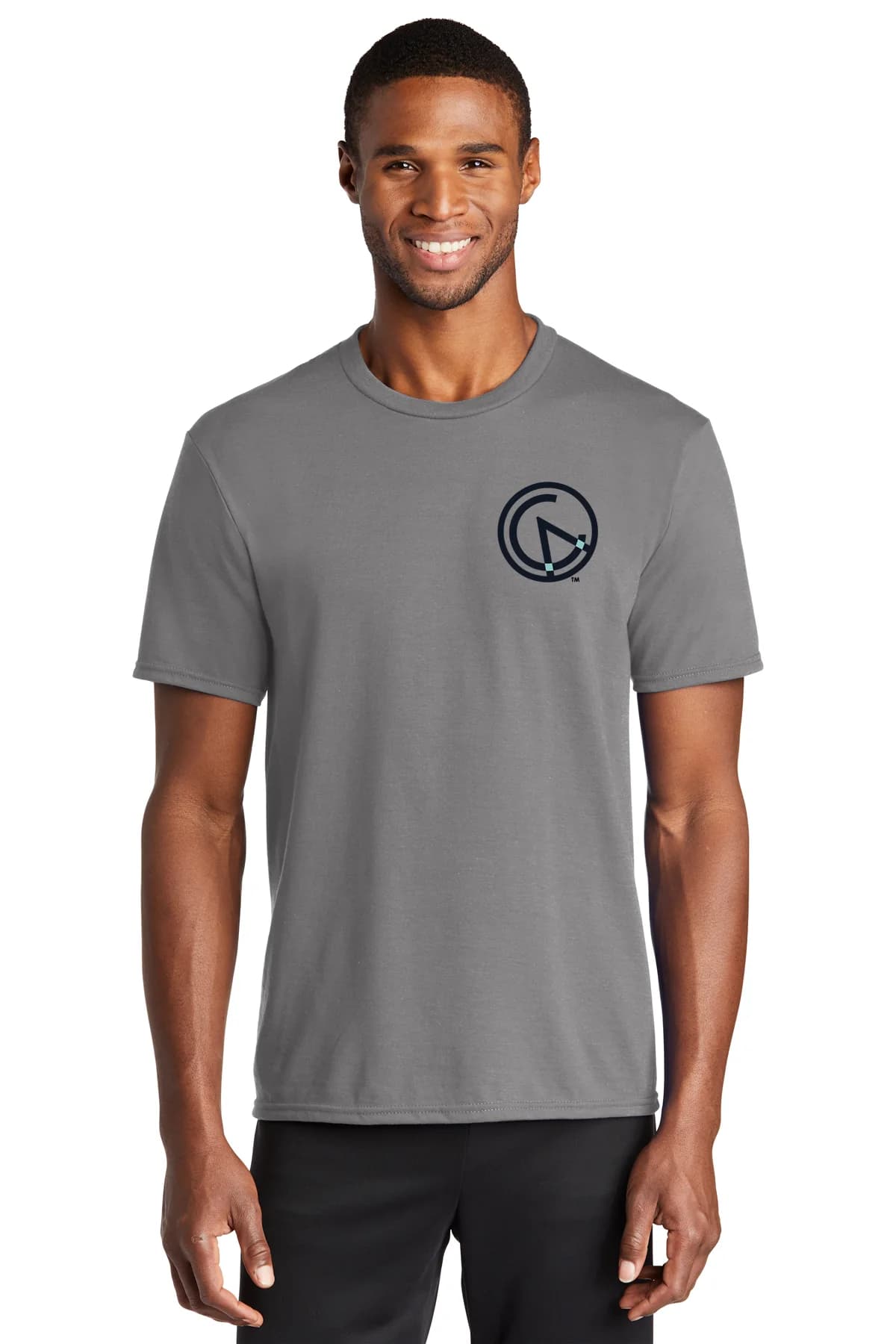 Front mockup of a grey men’s tee with a small Outlier logo on the left chest.
