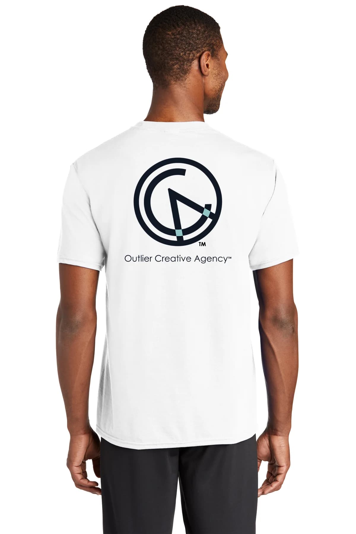 Back mockup of a white men’s tee with a large Outlier logo and Creative Agency wordmark on the back.