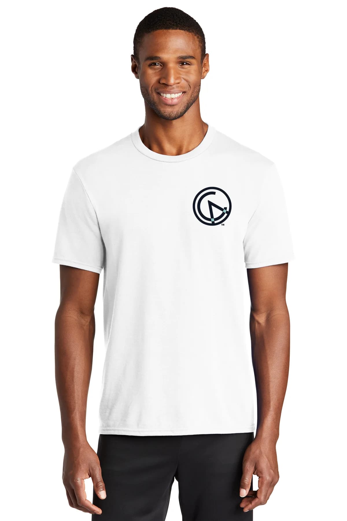 White men’s tee with Outlier’s left-chest logo.