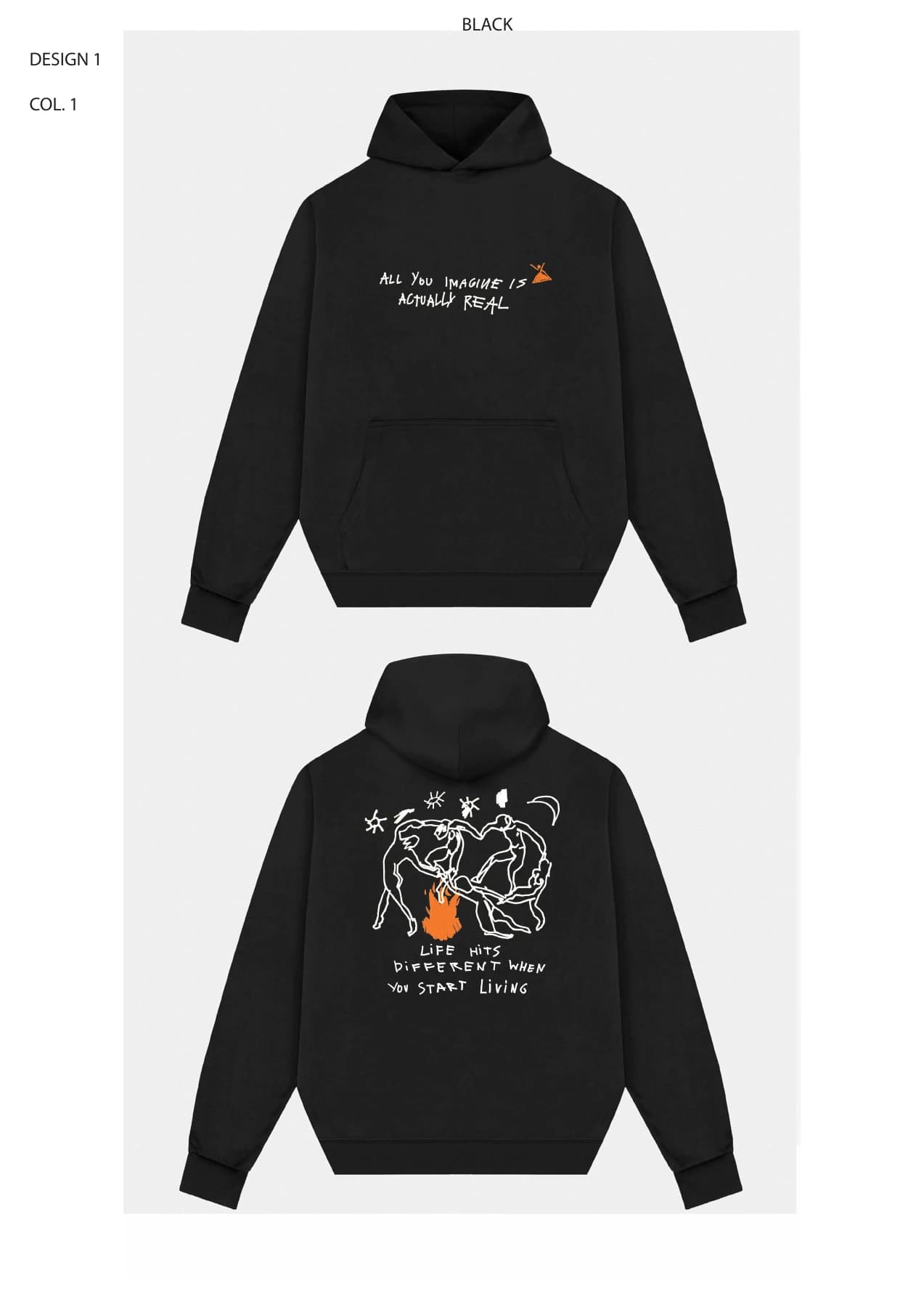 Muso design 1 black hoodie showing front and back artwork.