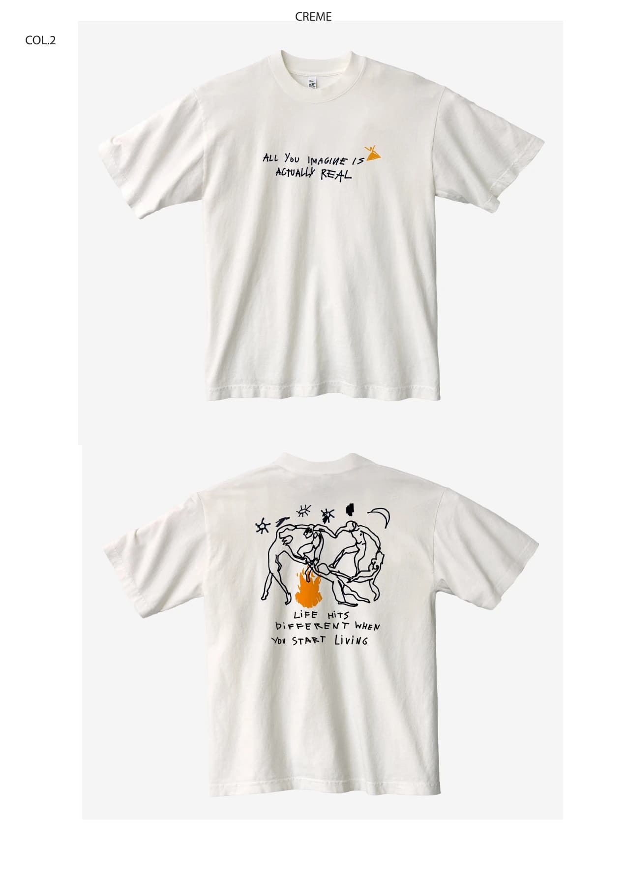 Muso design 1 creme tee showing front and back artwork.