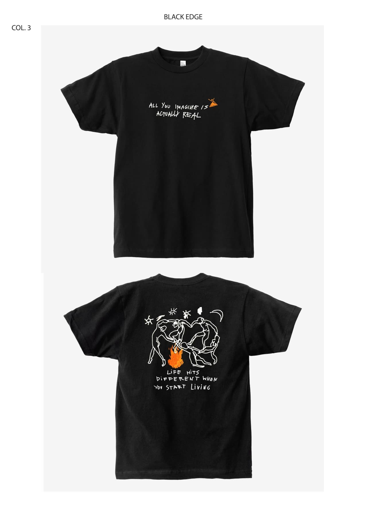 Muso design 1 black edge tee showing front and back artwork.