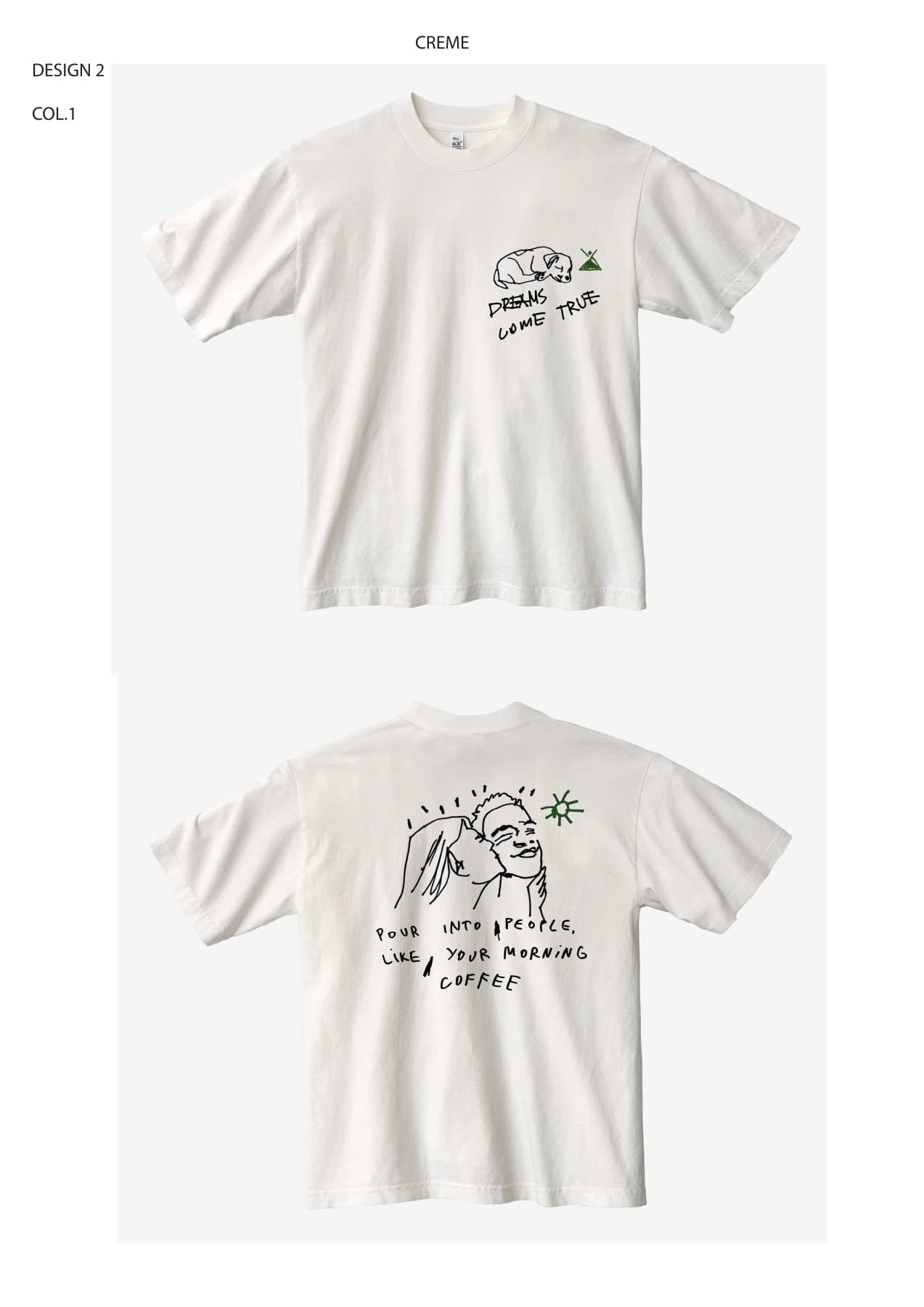 Muso creme tee mockups with Dreams Come True artwork.