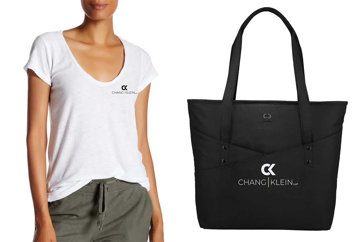 Chang Klein white tee and black tote design mockups.