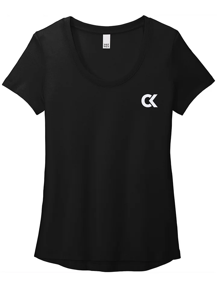 Black scoop-neck tee with a white CK monogram on the left chest.