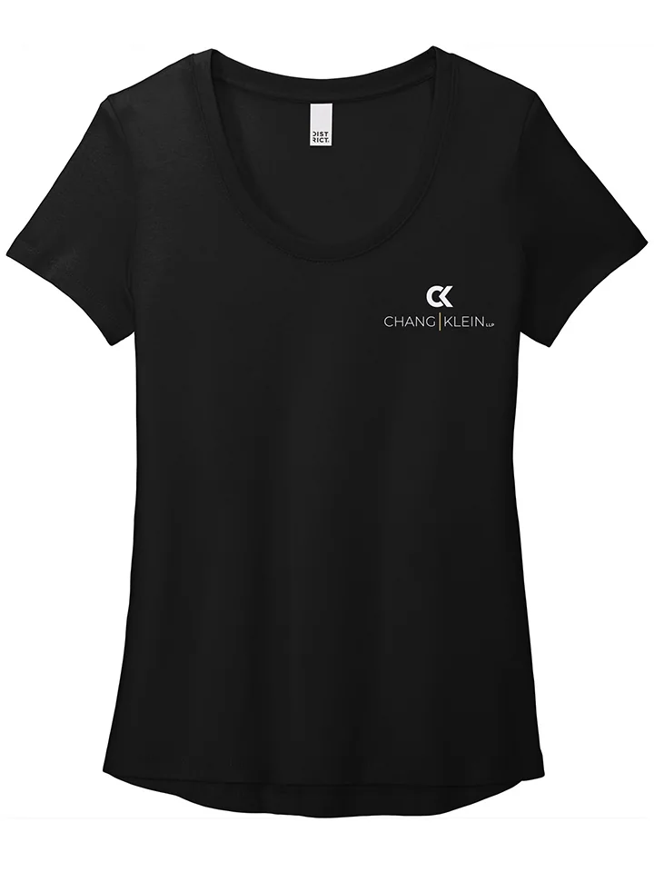 Black scoop-neck tee with a stacked white Chang Klein logo on the left chest.