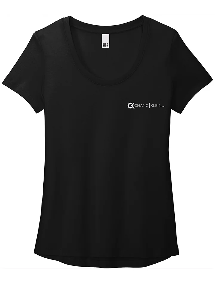 Black scoop-neck tee with a horizontal white Chang Klein logo on the left chest.
