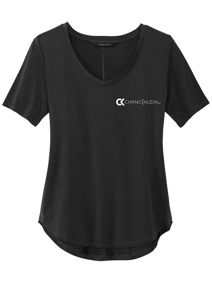 Black curved-hem tee with a horizontal white Chang Klein logo on the left chest.