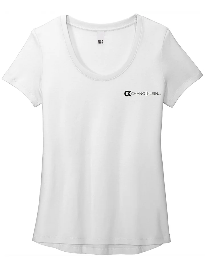 White tee with a horizontal black Chang Klein logo on the left chest.