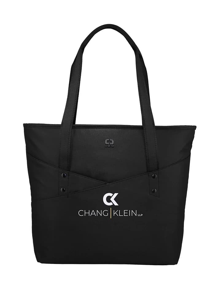 Black tote with angled front pockets and a stacked white Chang Klein logo.