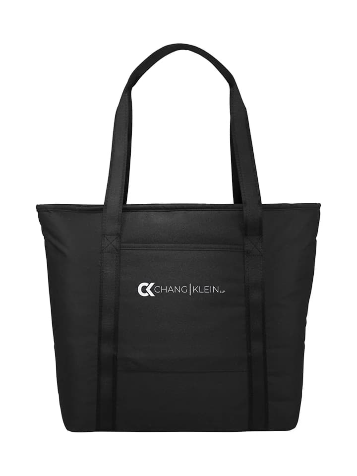 Black tote with a rectangular front pocket and a horizontal white Chang Klein logo.