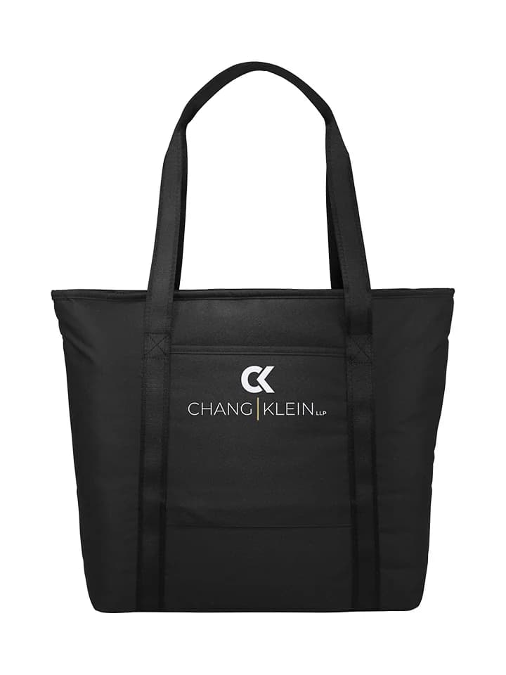 Black tote with a rectangular front pocket and a stacked white Chang Klein logo.