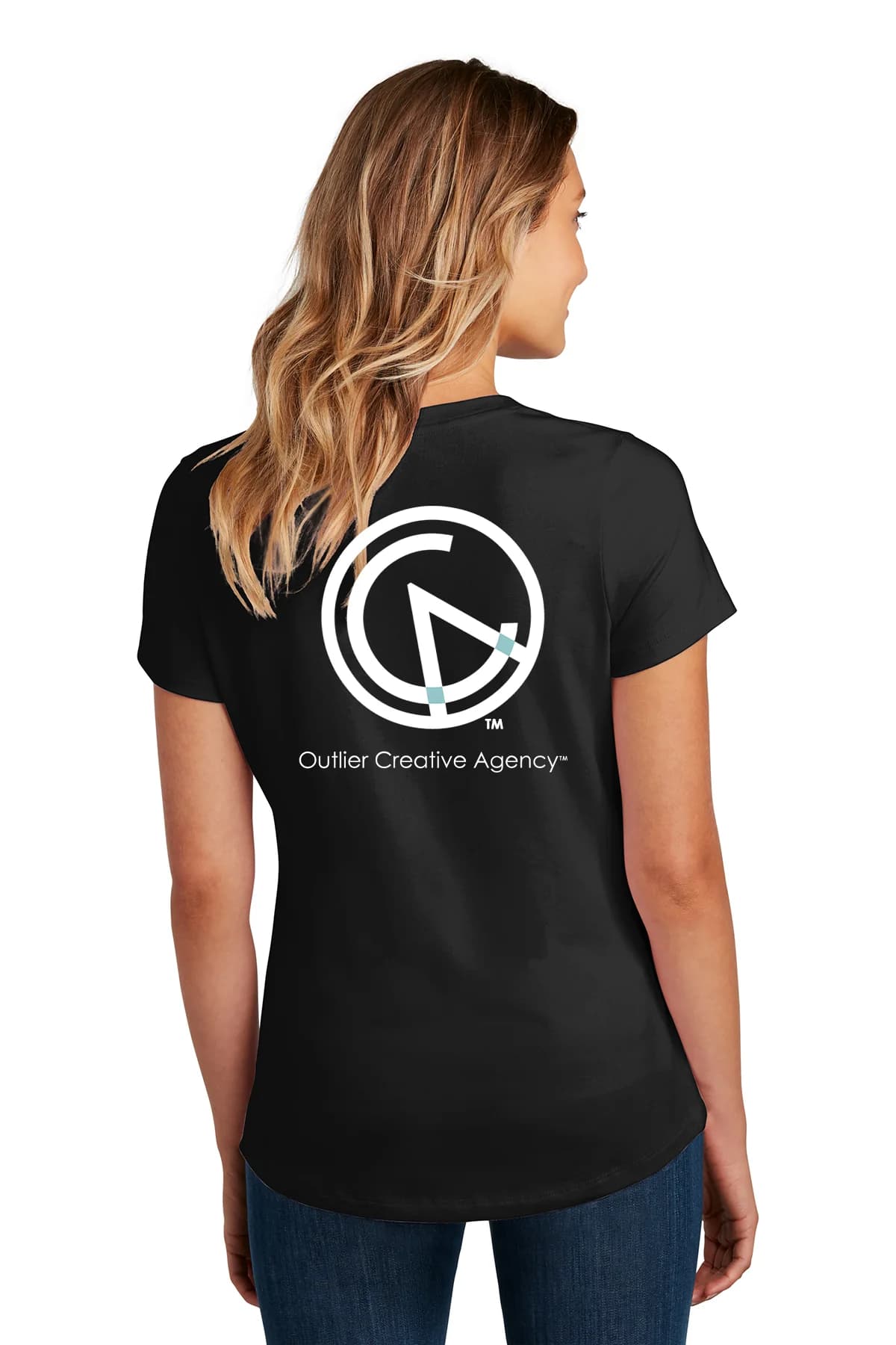 Black women’s tee with Outlier’s large back graphic.