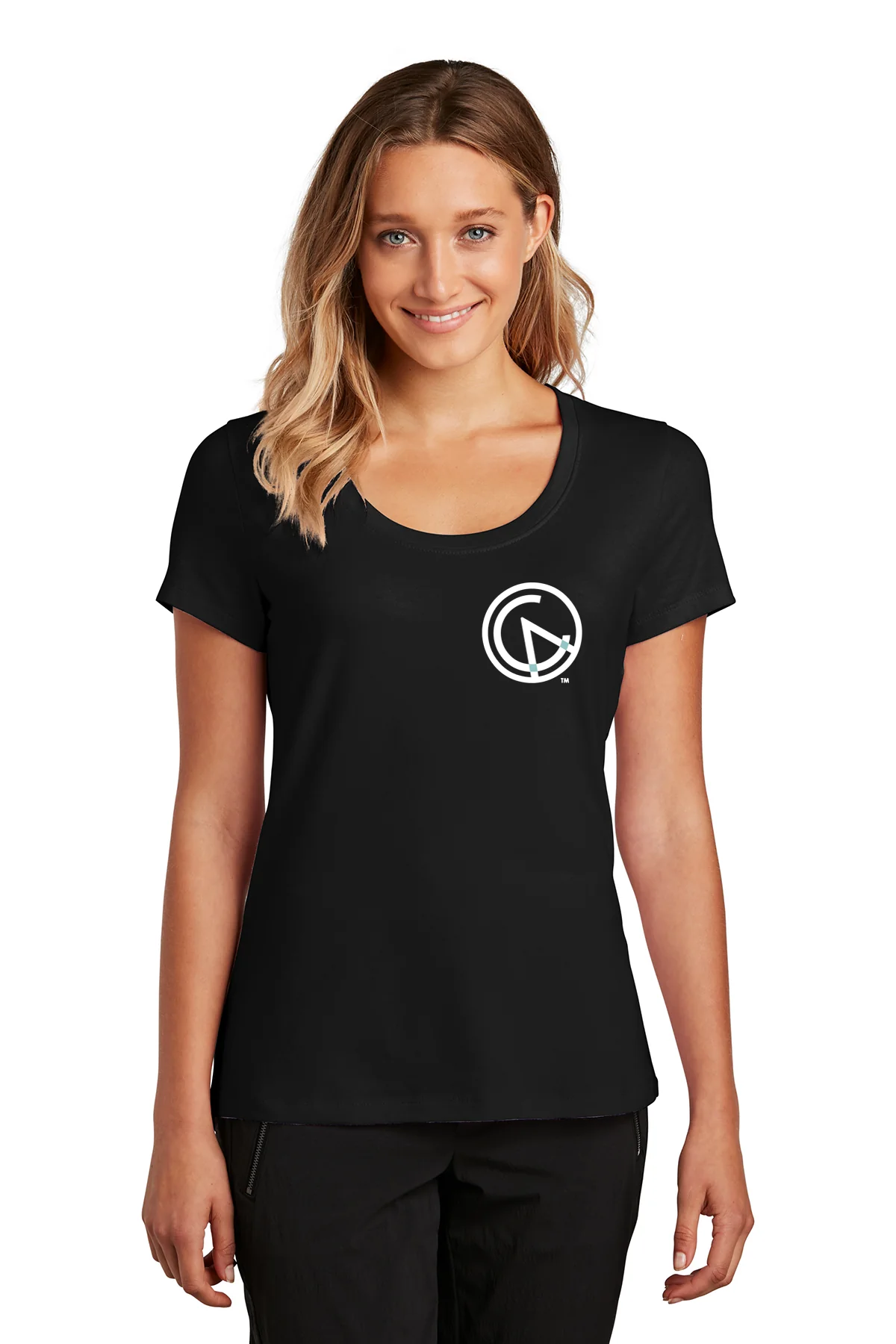 Front mockup of a black women’s tee with a small Outlier logo on the left chest.