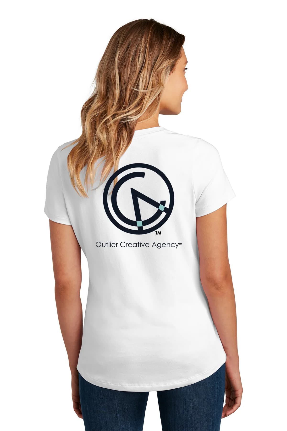 Back mockup of a white women’s tee with a large Outlier logo and Creative Agency wordmark on the back.