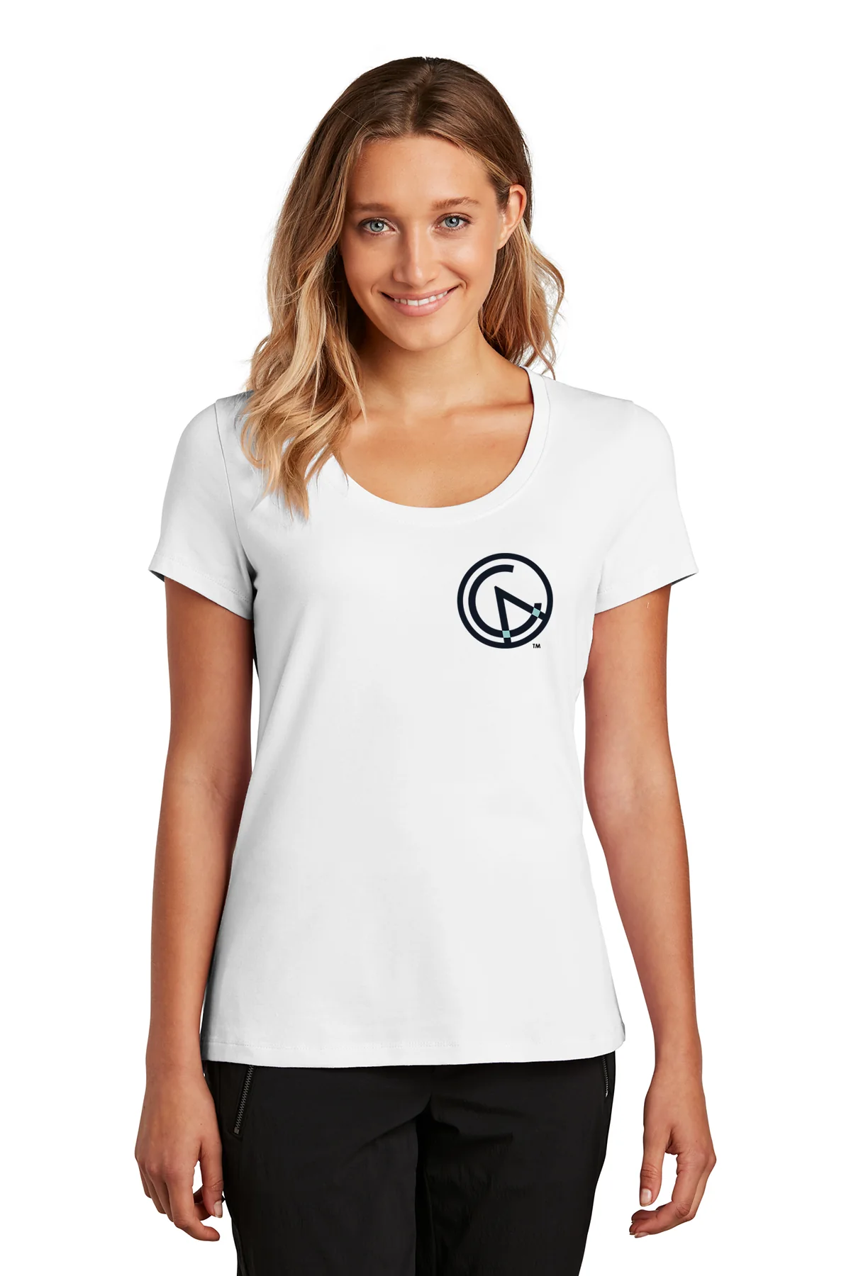 Front mockup of a white women’s tee with a small Outlier logo on the left chest.