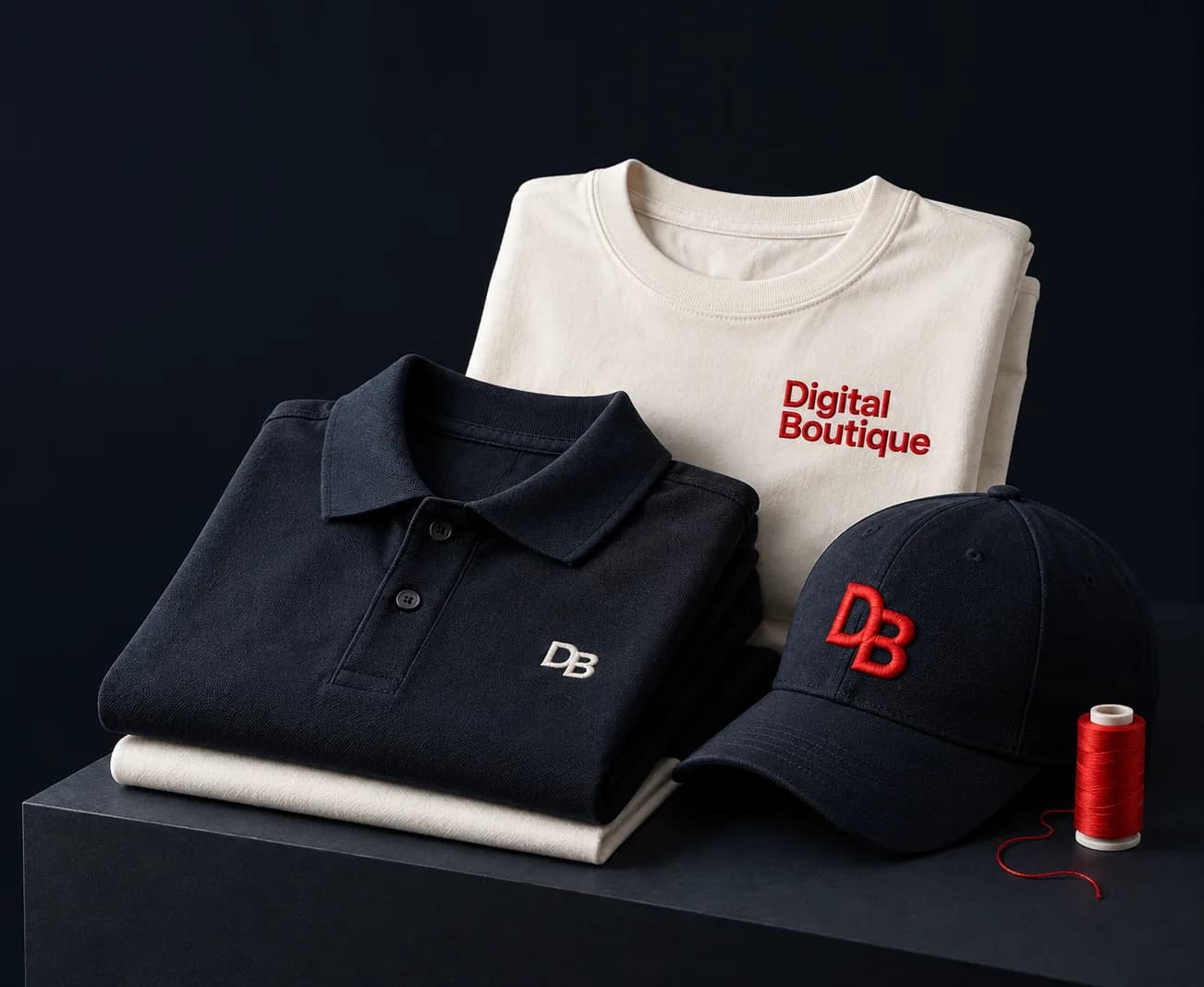 Folded navy polo and cream tee with a navy cap, embroidered with Digital Boutique and DB logos in red and white thread, beside a spool of red thread